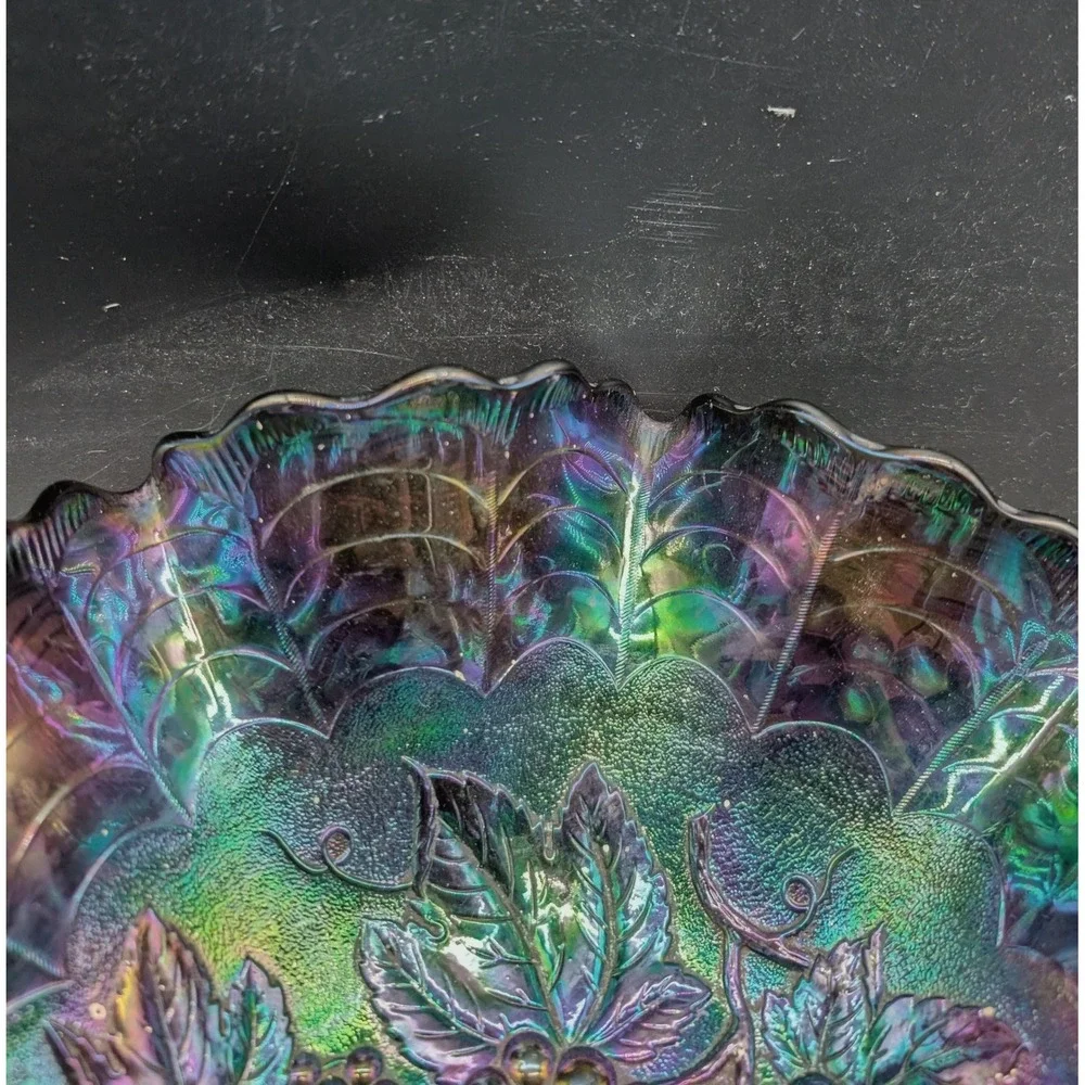 Imperial Amethyst Carnival Glass Grape and Cable Ruffled Bowl Iridescent Purple